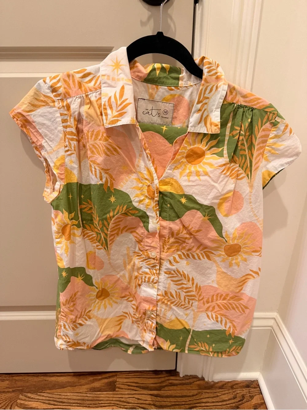 The Cat’s Pajamas Short Sleeve Floral Button Pajama Set in Peach & Green